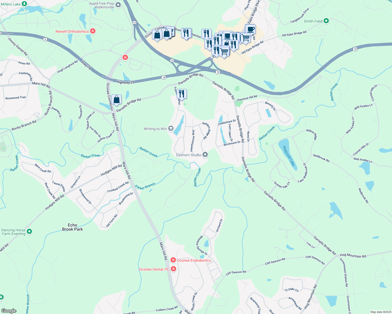 map of restaurants, bars, coffee shops, grocery stores, and more near 1031 Hearthstone Way in Athens