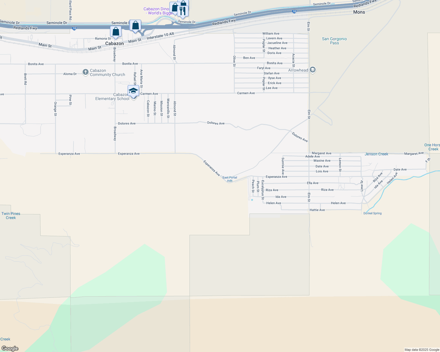 map of restaurants, bars, coffee shops, grocery stores, and more near Esperanza Avenue in Cabazon