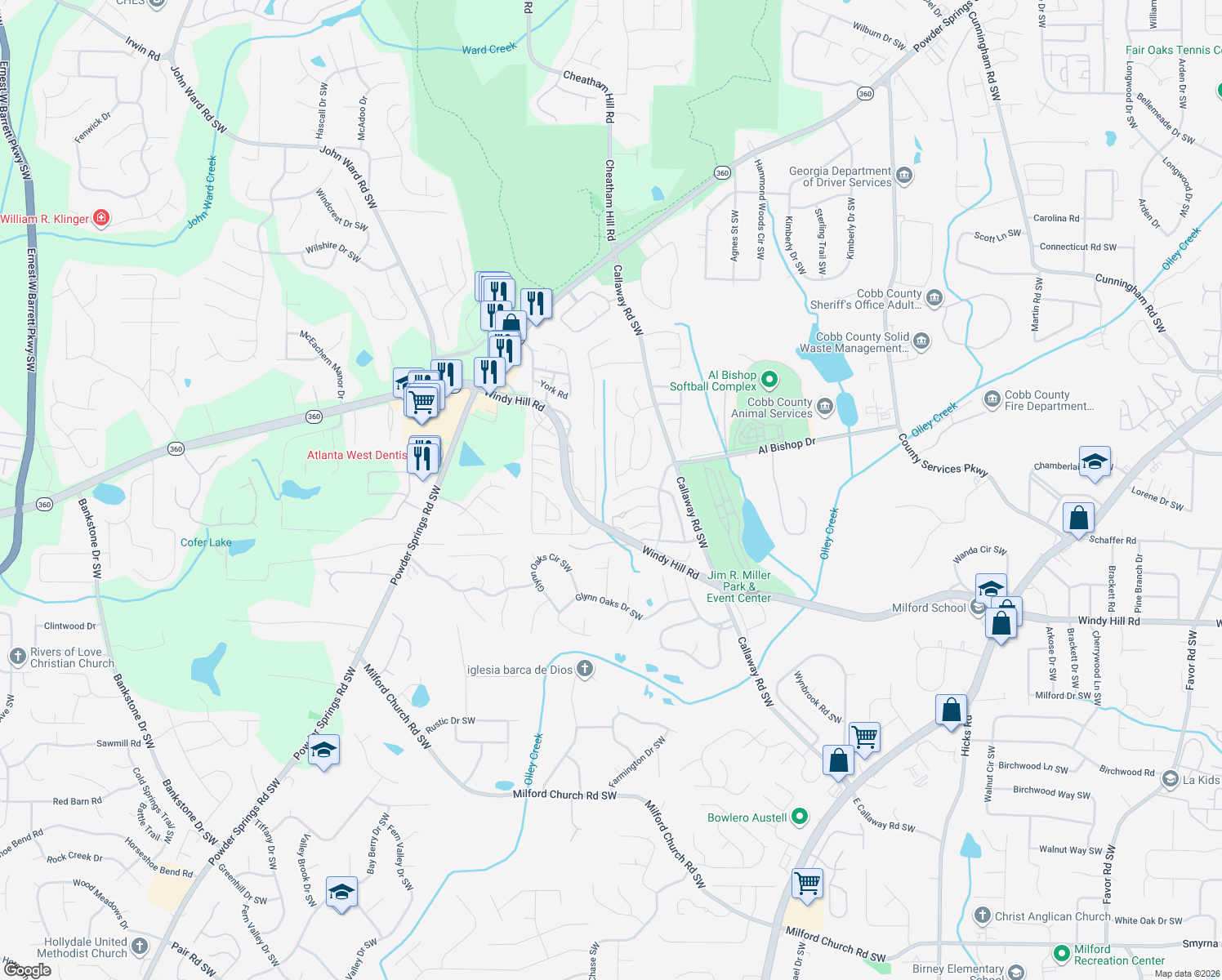 map of restaurants, bars, coffee shops, grocery stores, and more near 2112 Corsica Way Southwest in Marietta