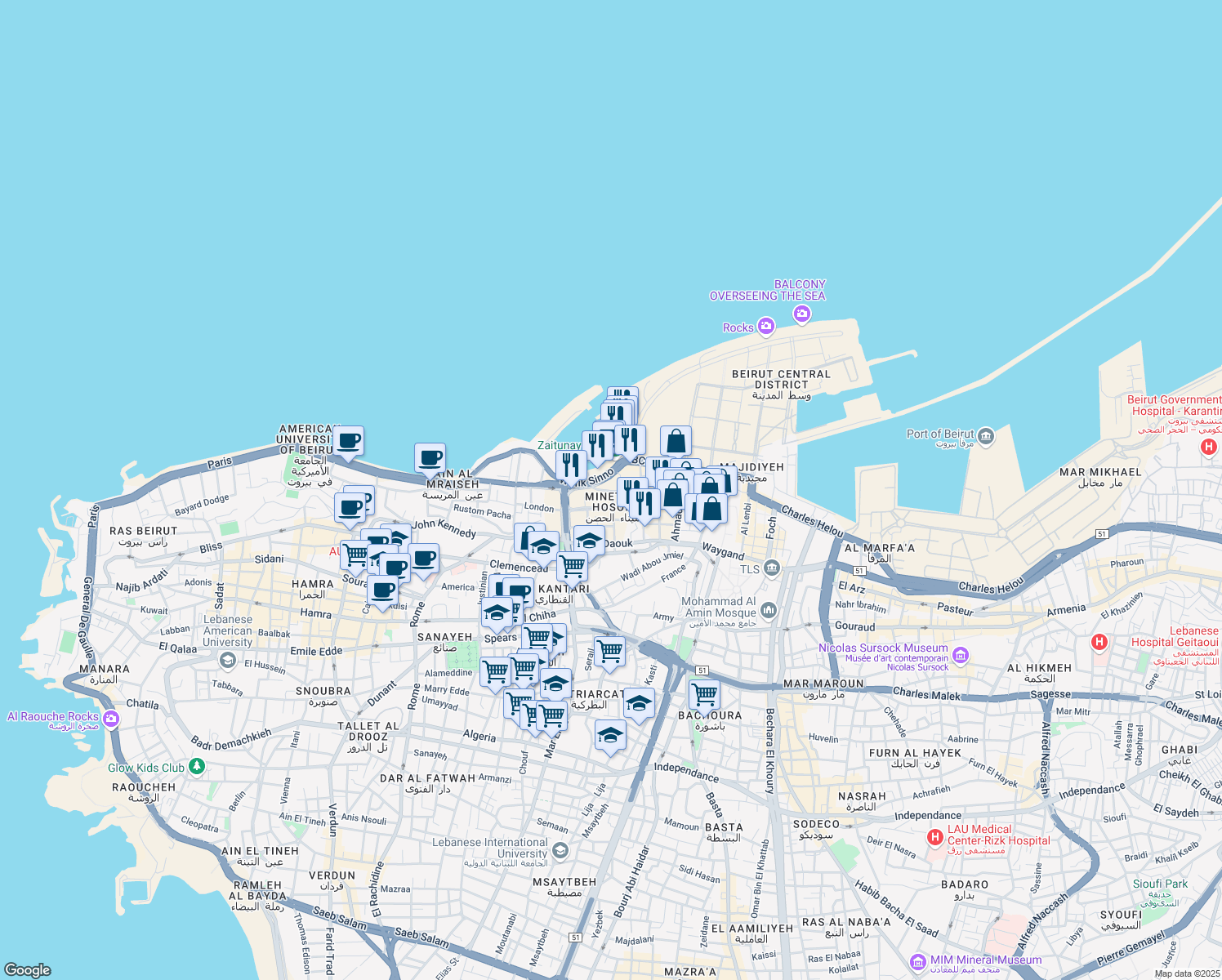 map of restaurants, bars, coffee shops, grocery stores, and more near Ahmad Shawki in Bayrut