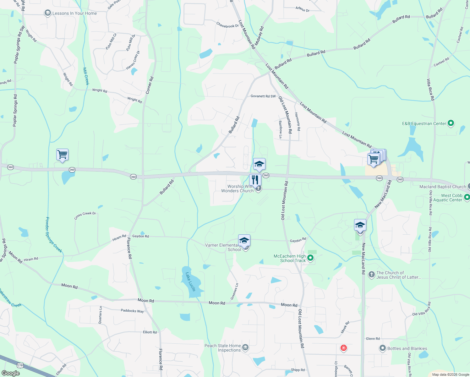 map of restaurants, bars, coffee shops, grocery stores, and more near 2115 Line Tree Ln in Powder Springs