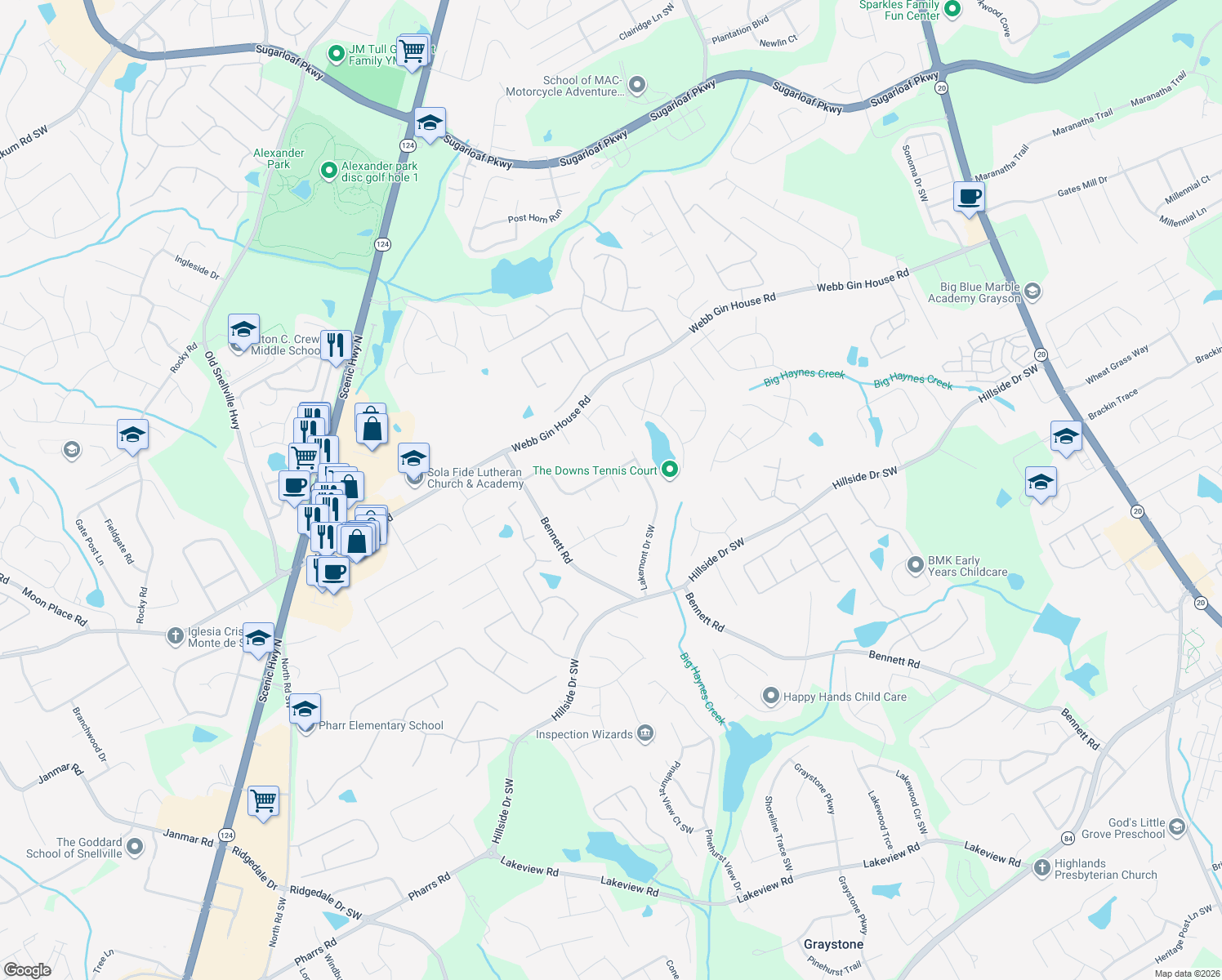map of restaurants, bars, coffee shops, grocery stores, and more near 1437 Ironwood Ct in Grayson