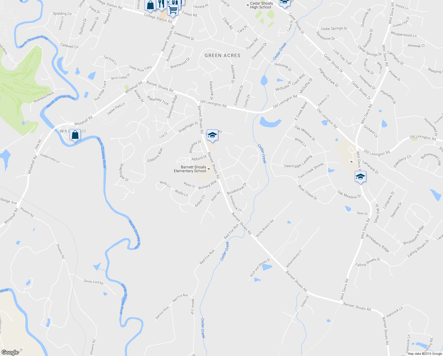 map of restaurants, bars, coffee shops, grocery stores, and more near 122 Stonybrook Drive in Athens