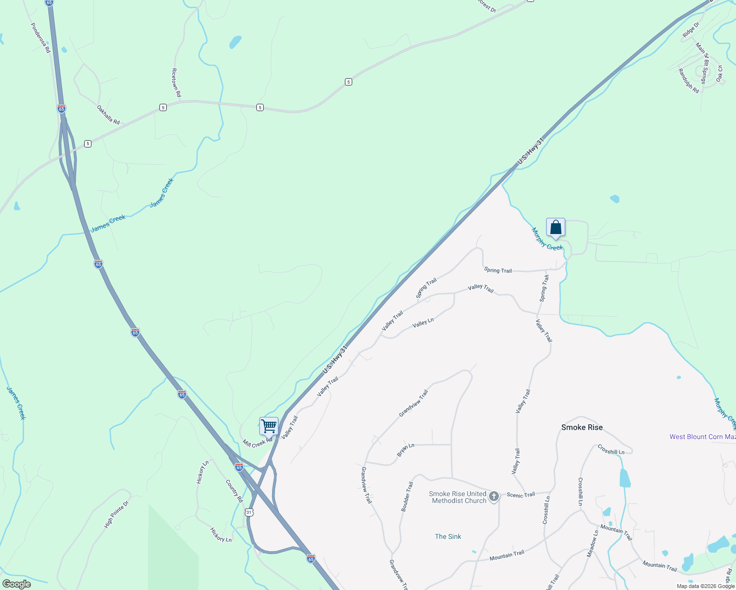 map of restaurants, bars, coffee shops, grocery stores, and more near 1140 Mill Creek Road in Warrior