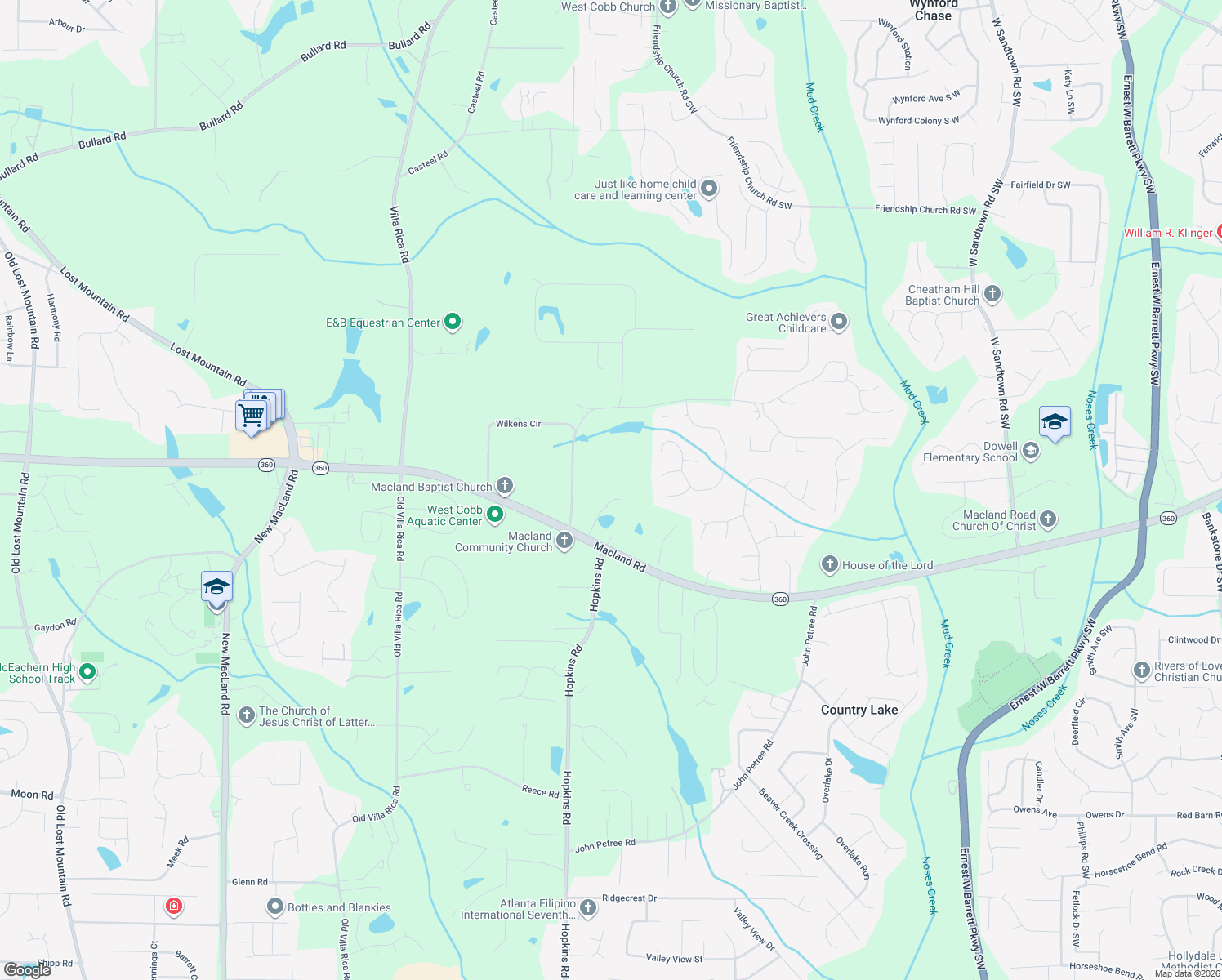 map of restaurants, bars, coffee shops, grocery stores, and more near 3599 Gus Robinson Road in Powder Springs