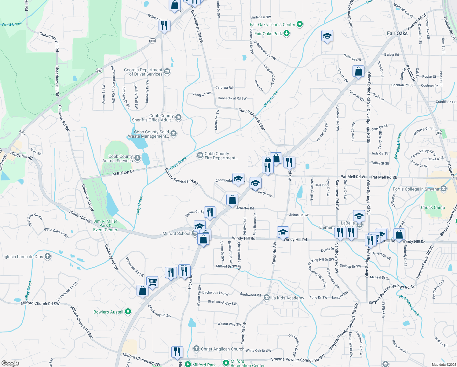 map of restaurants, bars, coffee shops, grocery stores, and more near 683 Chamberlain Circle Southwest in Marietta