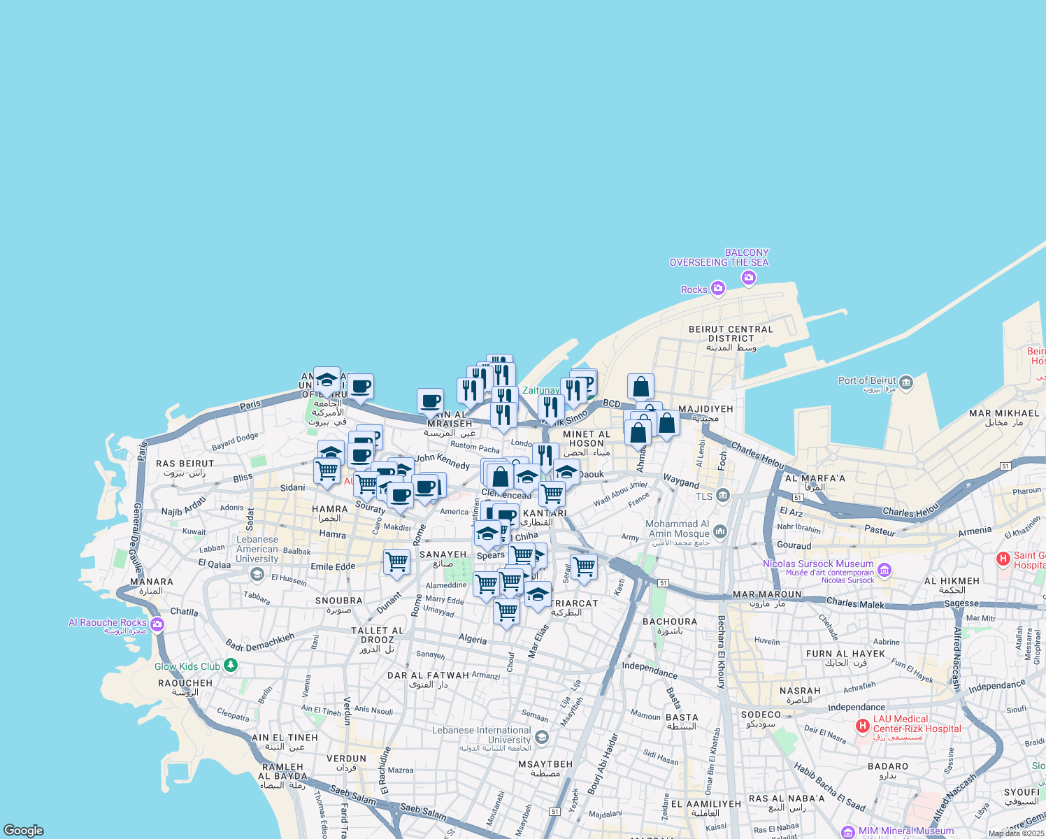 map of restaurants, bars, coffee shops, grocery stores, and more near Ahmad Shawki in Bayrut