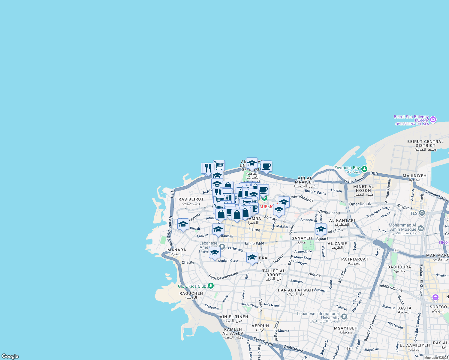 map of restaurants, bars, coffee shops, grocery stores, and more near American University in Bayrut