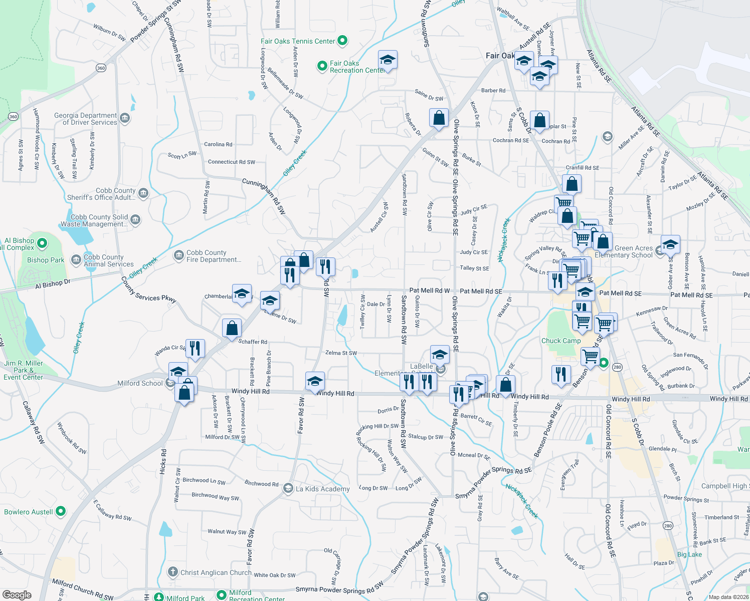 map of restaurants, bars, coffee shops, grocery stores, and more near 234 Dale Drive in Marietta
