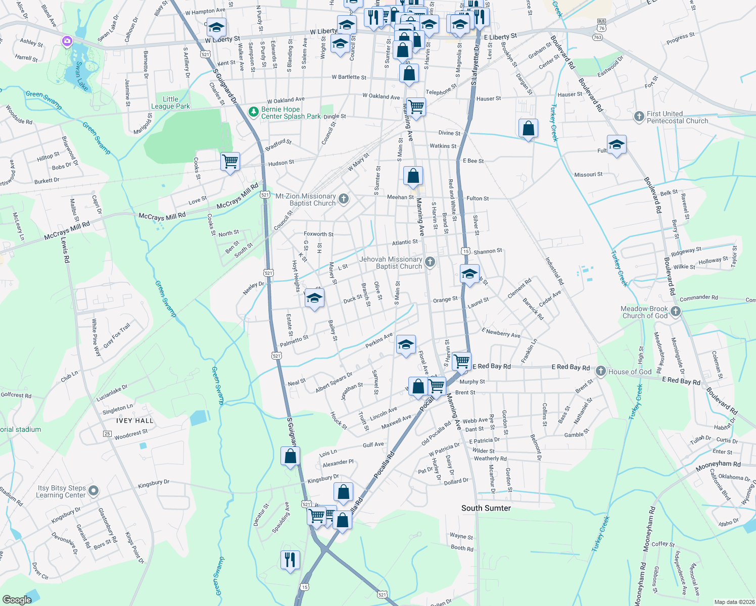 map of restaurants, bars, coffee shops, grocery stores, and more near 730 Olive Street in Sumter