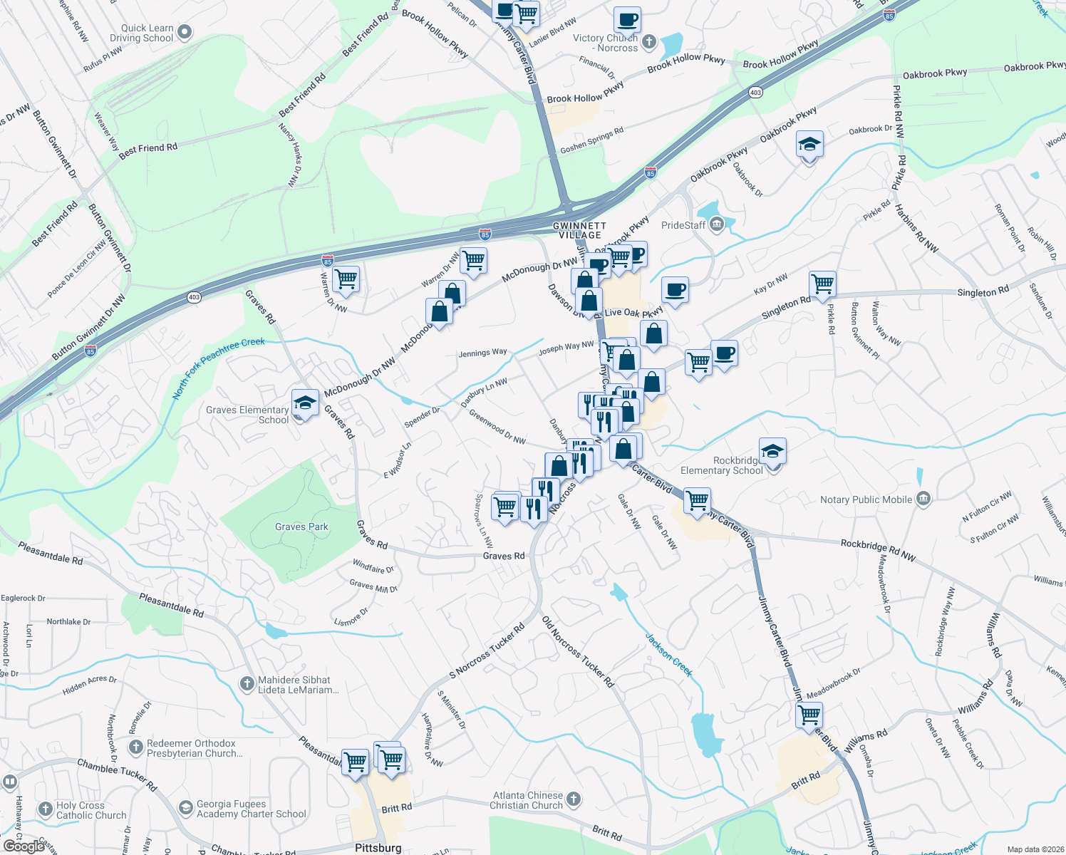 map of restaurants, bars, coffee shops, grocery stores, and more near 1518 Colony Court Northwest in Norcross