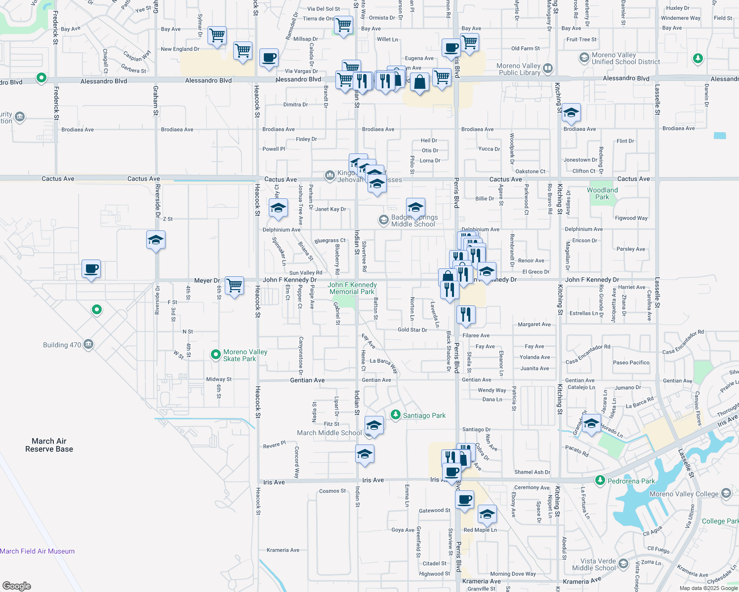 map of restaurants, bars, coffee shops, grocery stores, and more near 24558 Elmendorf Drive in Moreno Valley
