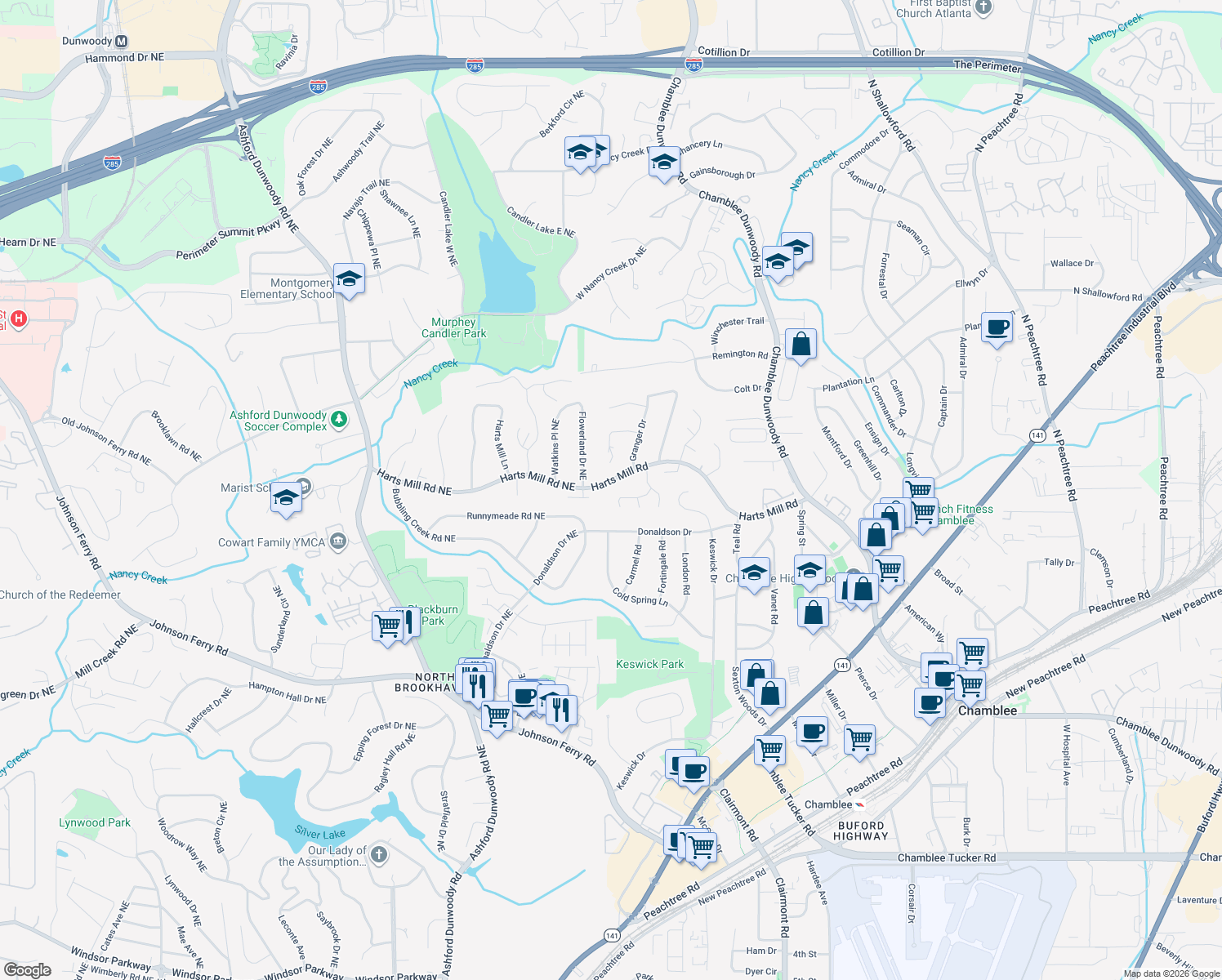 map of restaurants, bars, coffee shops, grocery stores, and more near 1708 Harts Run in Chamblee