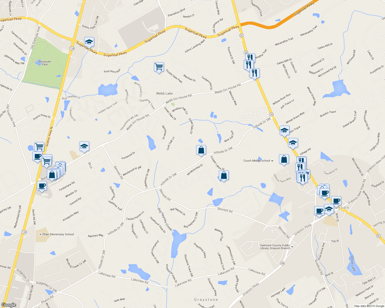 map of restaurants, bars, coffee shops, grocery stores, and more near 848 Copper Mist Court in Grayson