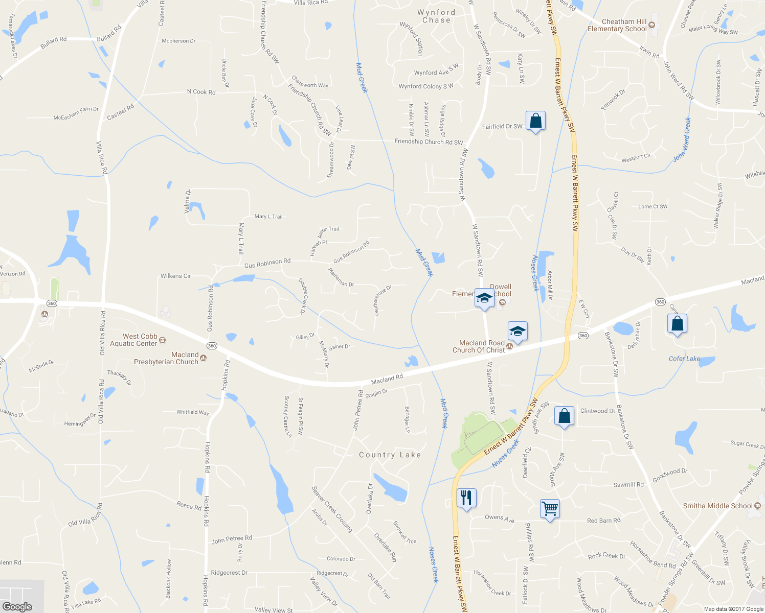 map of restaurants, bars, coffee shops, grocery stores, and more near 3142 Summerton Court in Powder Springs