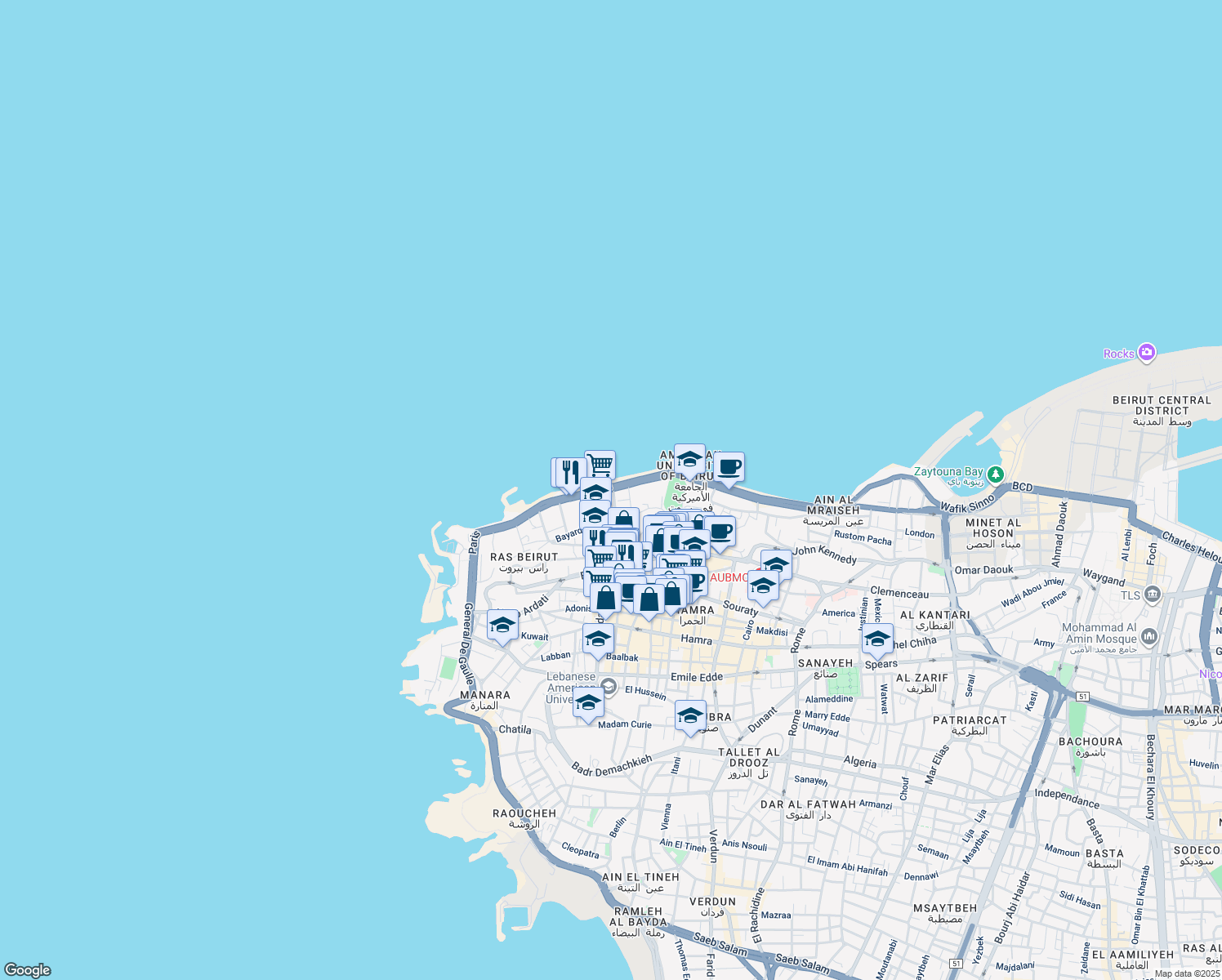 map of restaurants, bars, coffee shops, grocery stores, and more near in Ras Beirut