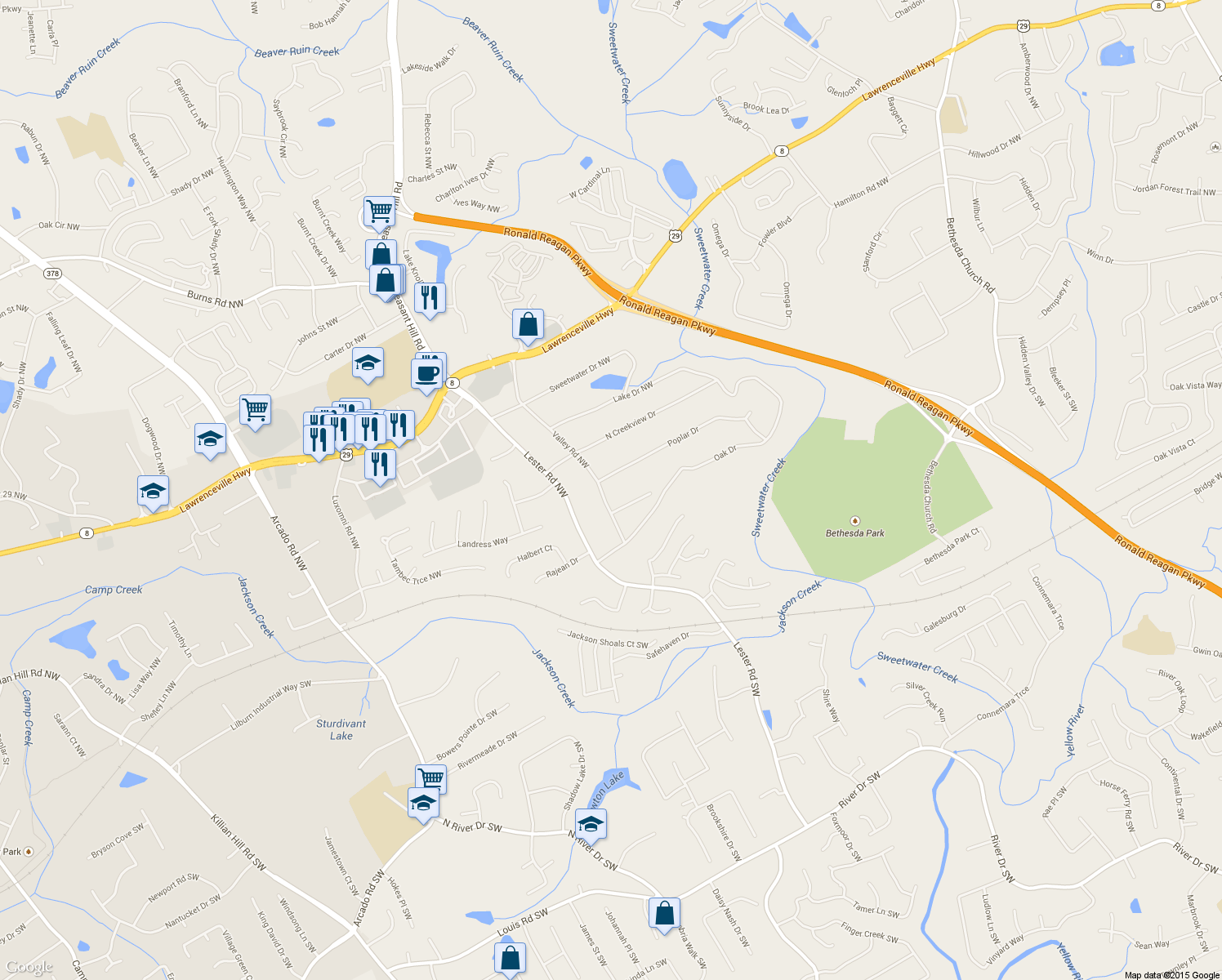 map of restaurants, bars, coffee shops, grocery stores, and more near 106 Valley Road Northwest in Lawrenceville