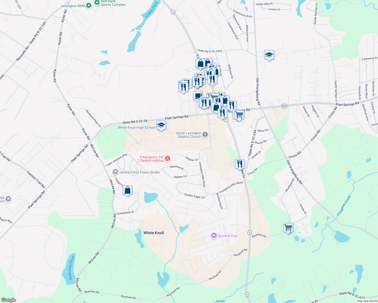 map of restaurants, bars, coffee shops, grocery stores, and more near 113 Hillock Court in Lexington