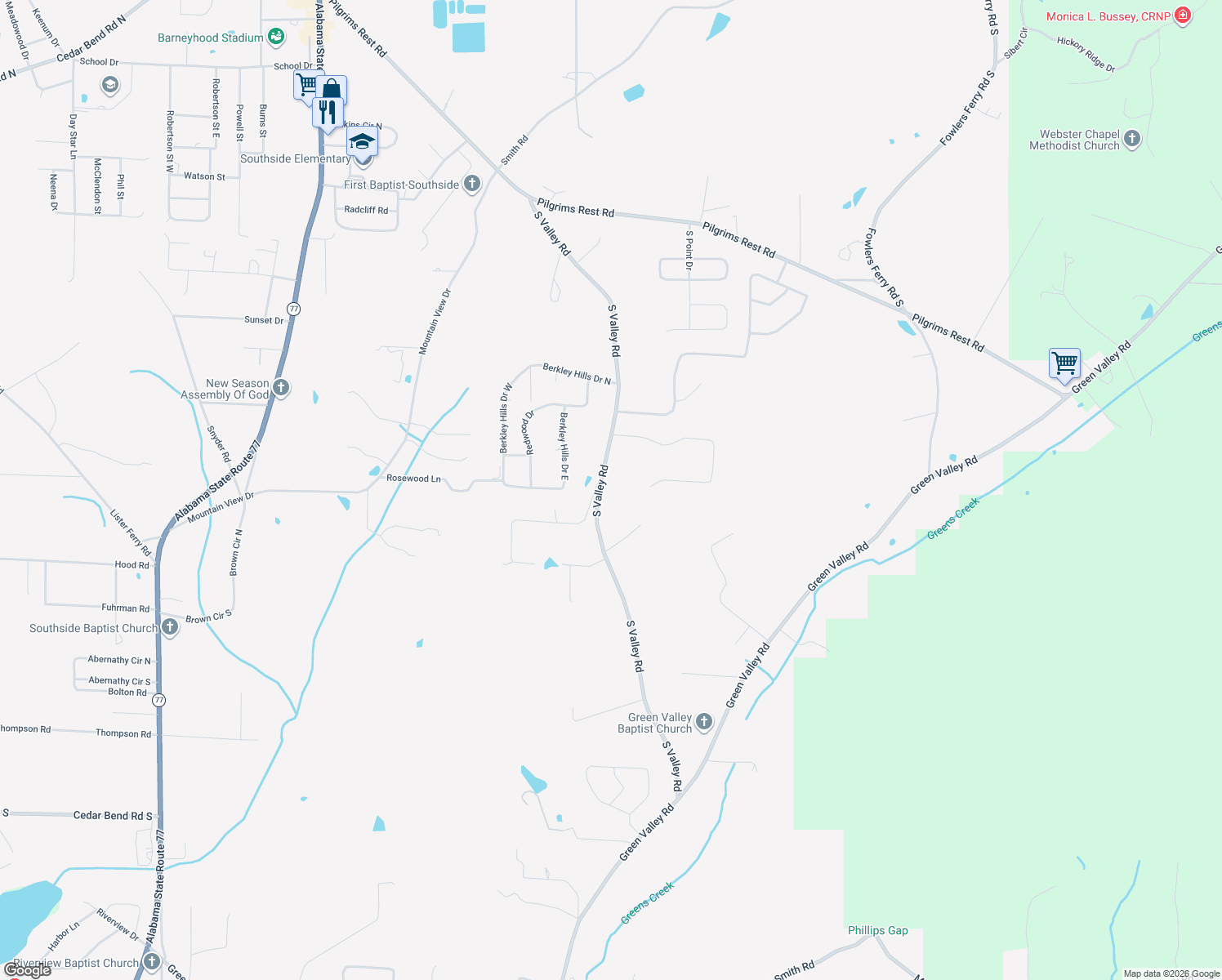 map of restaurants, bars, coffee shops, grocery stores, and more near 3369 South Valley Road in Gadsden