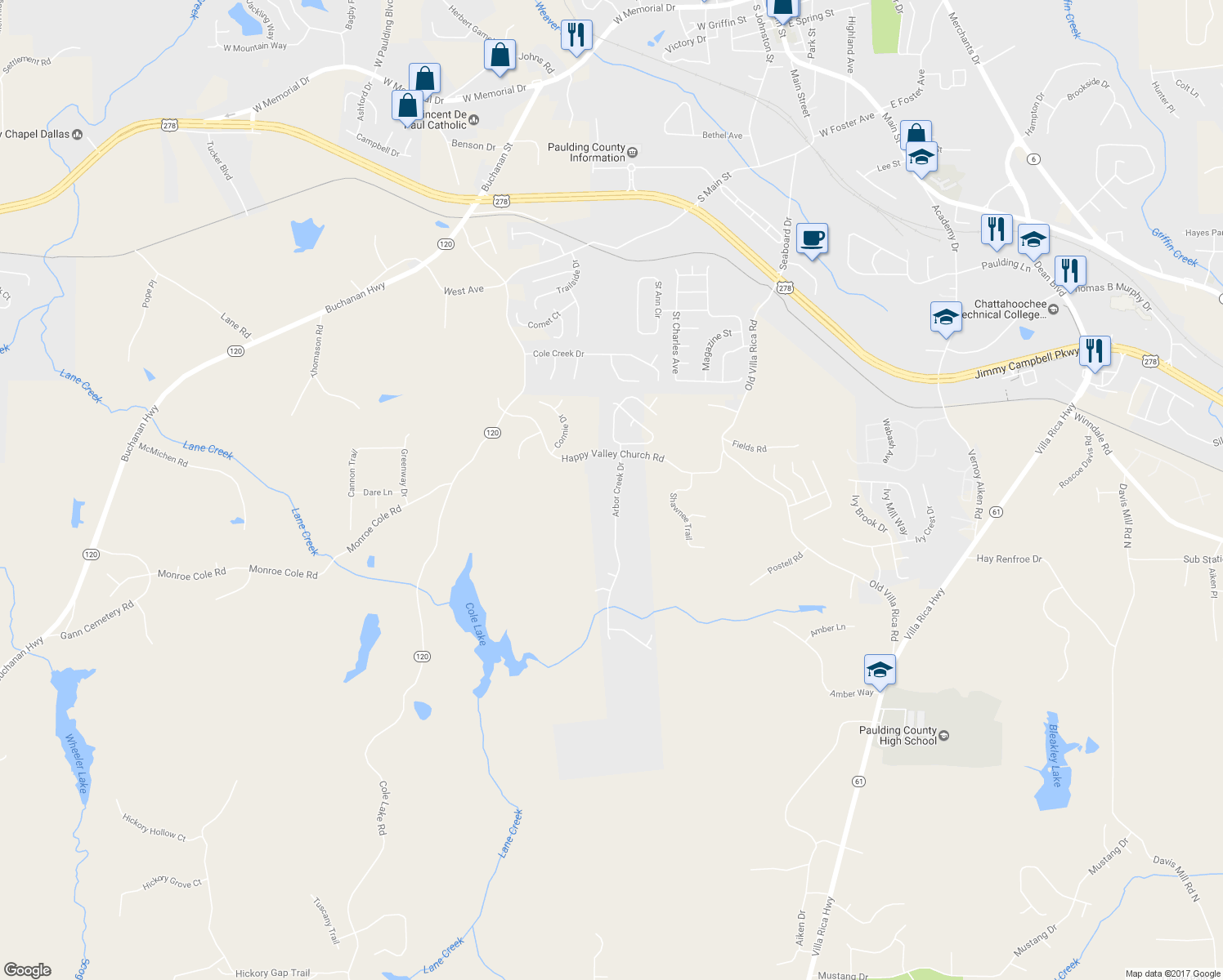 map of restaurants, bars, coffee shops, grocery stores, and more near 210 Arbor Creek Drive in Dallas