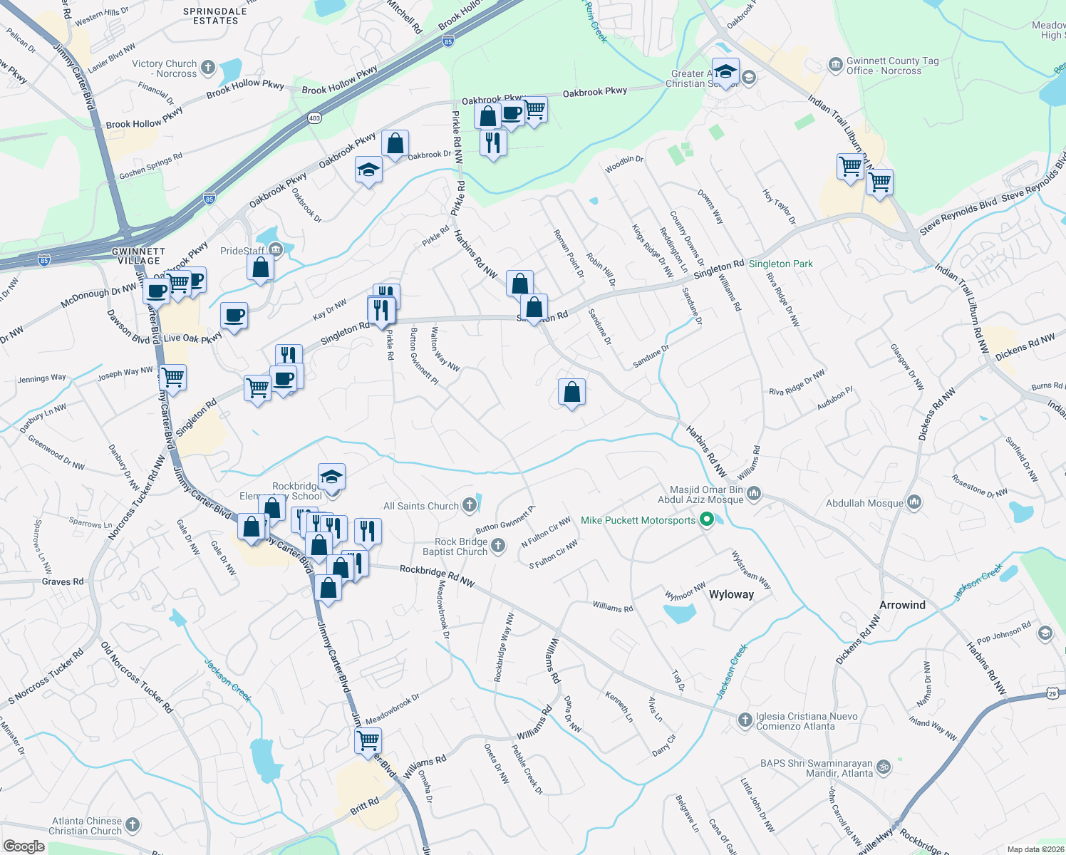 map of restaurants, bars, coffee shops, grocery stores, and more near 5708 Laura Leigh Lane Northwest in Norcross