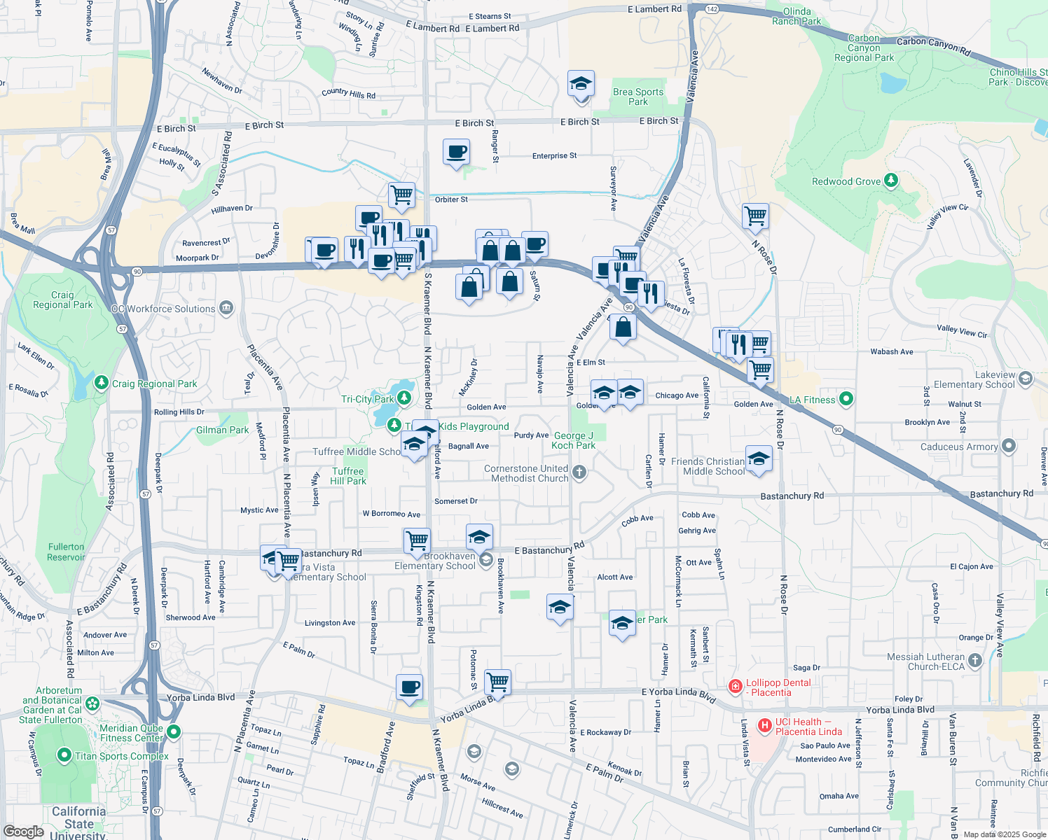 map of restaurants, bars, coffee shops, grocery stores, and more near 430 Kiolstad Drive in Placentia