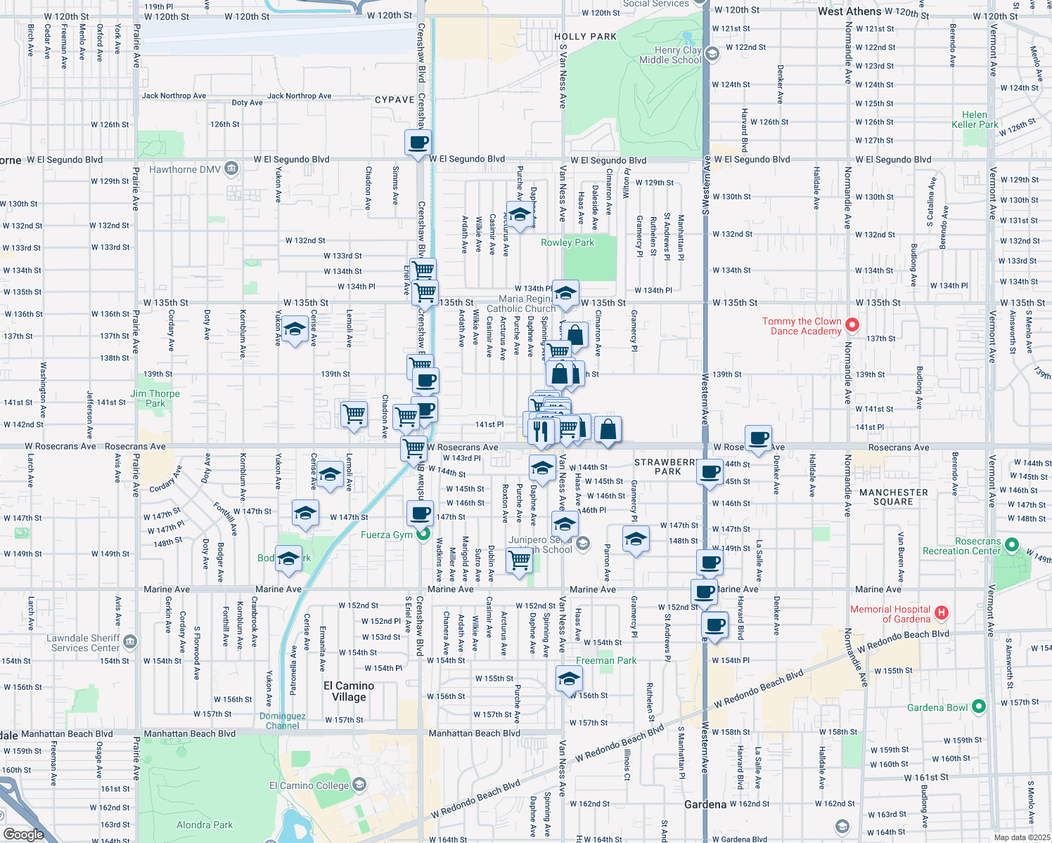 map of restaurants, bars, coffee shops, grocery stores, and more near 2412 W 141st St in Gardena
