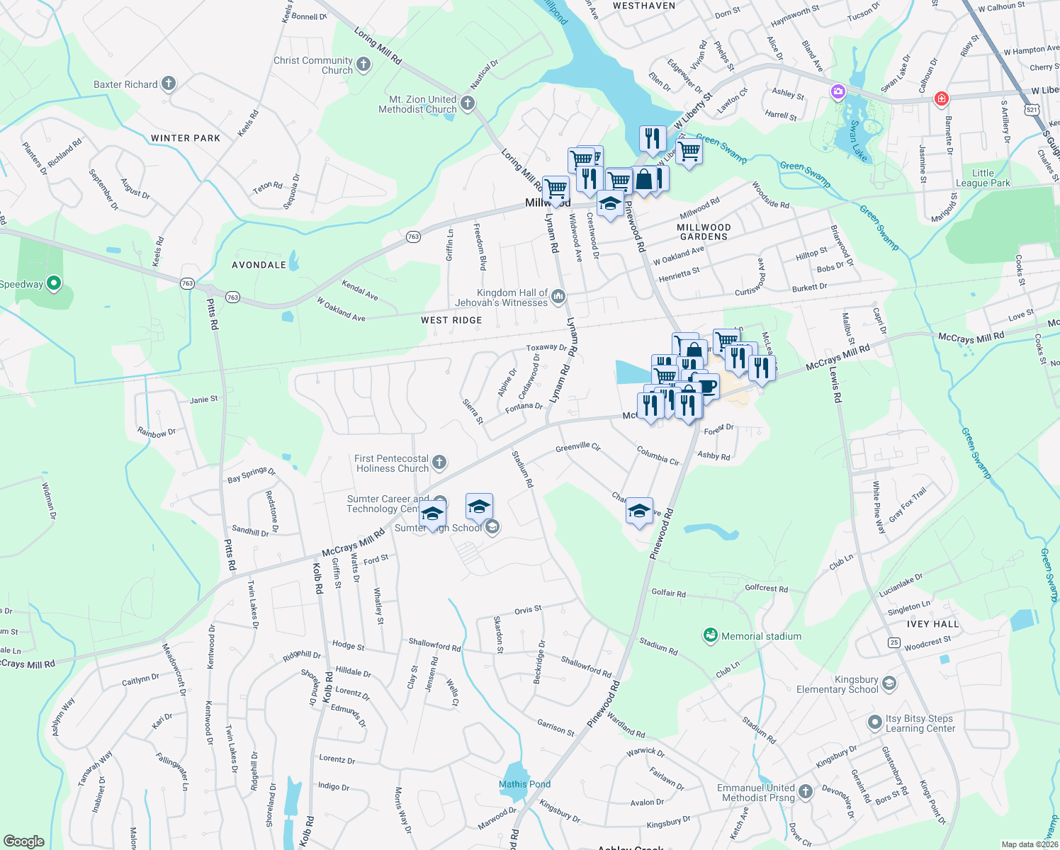 map of restaurants, bars, coffee shops, grocery stores, and more near 717 Sierra Street in Sumter
