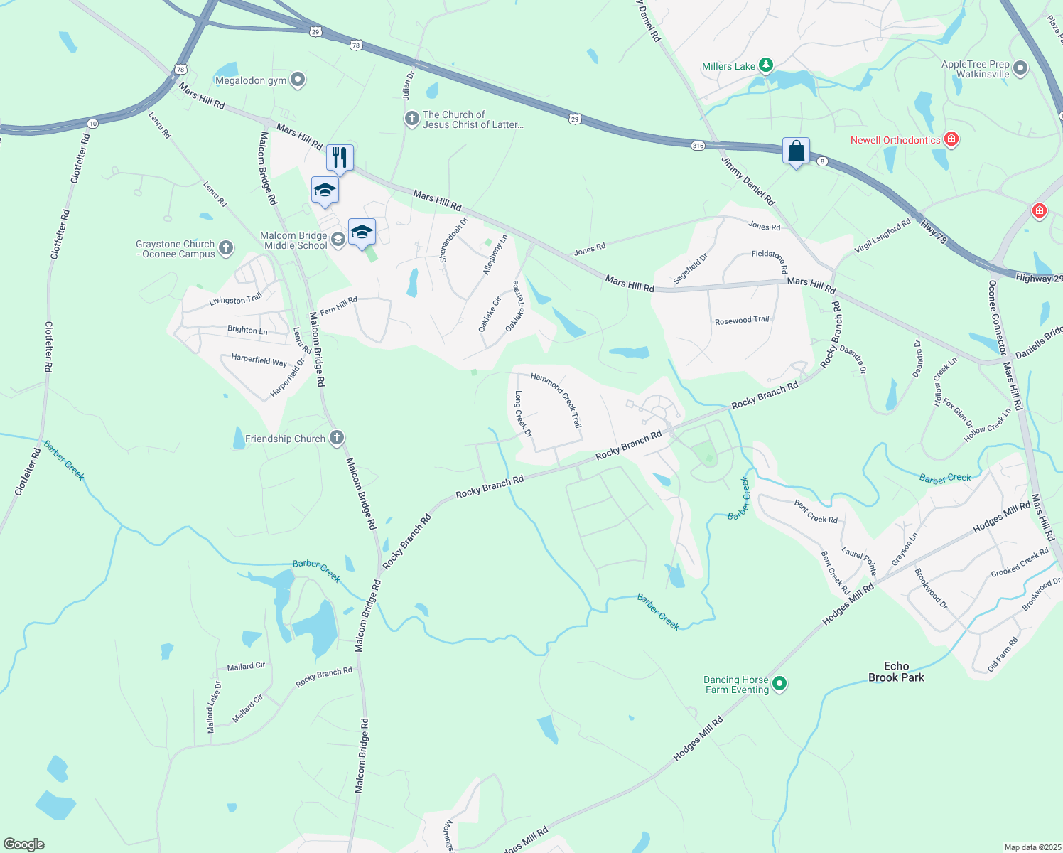 map of restaurants, bars, coffee shops, grocery stores, and more near 1010 Waverly Meadow Drive in Bogart