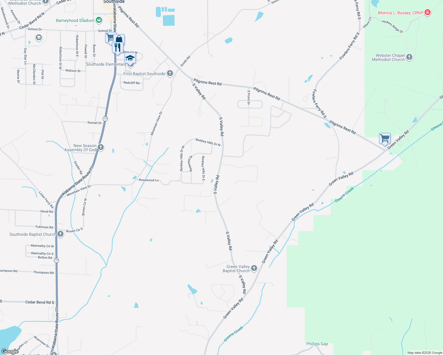 map of restaurants, bars, coffee shops, grocery stores, and more near 3369 South Valley Road in Gadsden