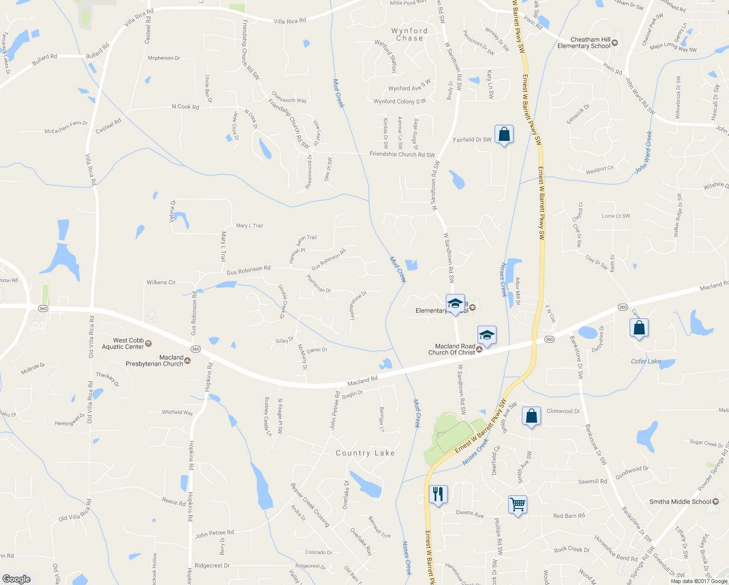 map of restaurants, bars, coffee shops, grocery stores, and more near 2244 Leatherstone Dr in Powder Springs