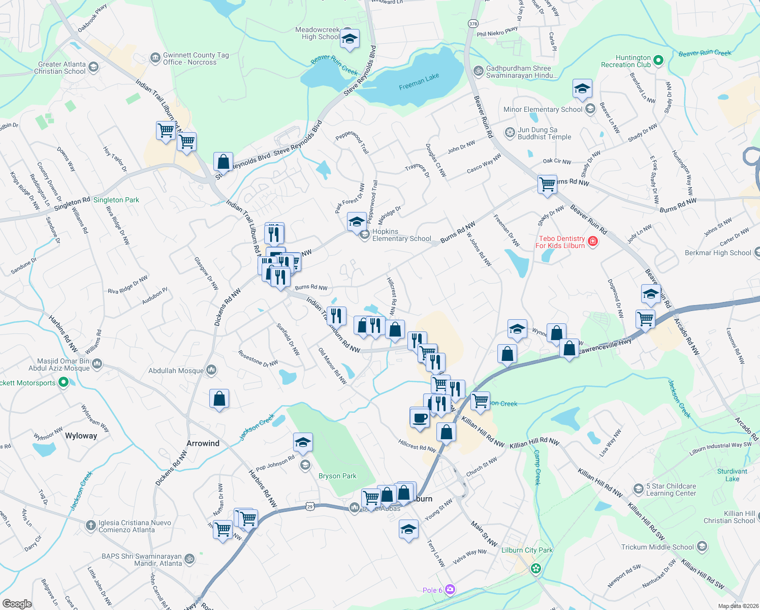 map of restaurants, bars, coffee shops, grocery stores, and more near 4875 Kellys Mill Dr NW in Lilburn