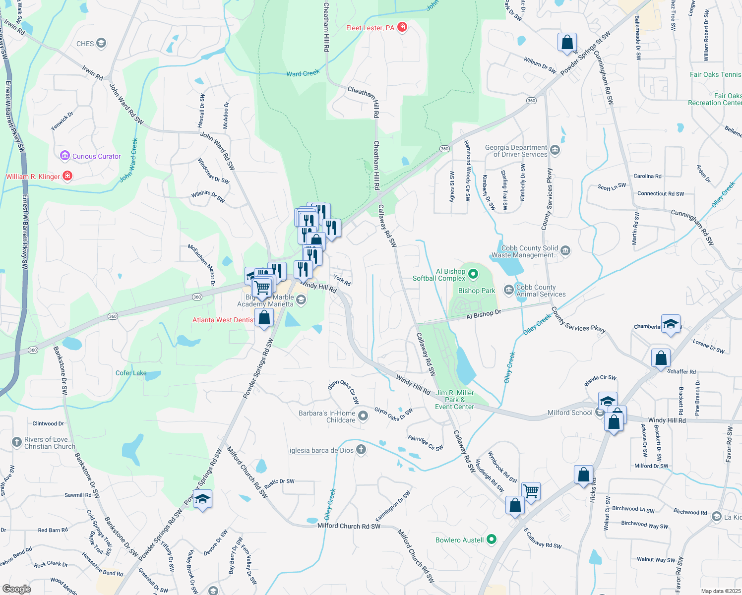 map of restaurants, bars, coffee shops, grocery stores, and more near 2093 Kolb Ridge Court Southwest in Marietta