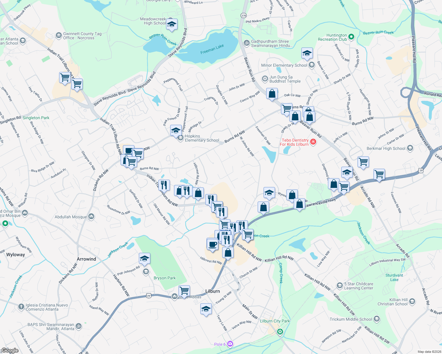 map of restaurants, bars, coffee shops, grocery stores, and more near 4687 Mossy Lane Northwest in Lilburn