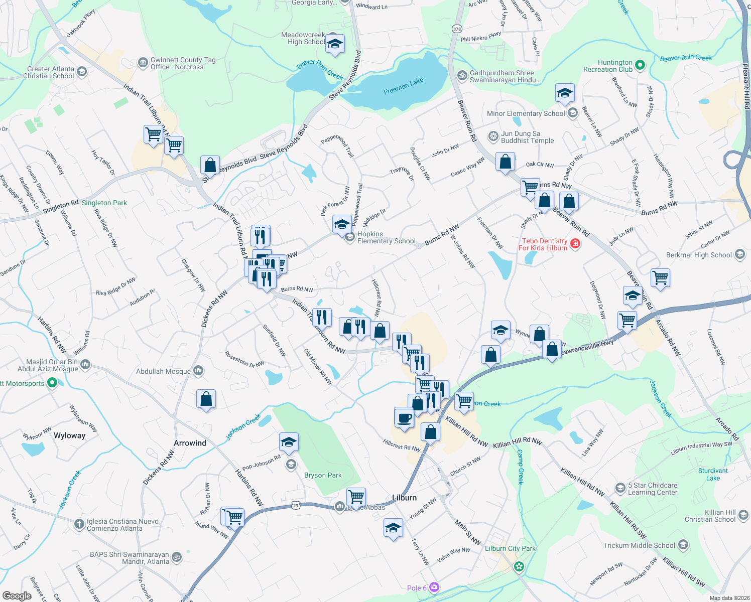 map of restaurants, bars, coffee shops, grocery stores, and more near 831 Hillcrest Road Northwest in Lilburn