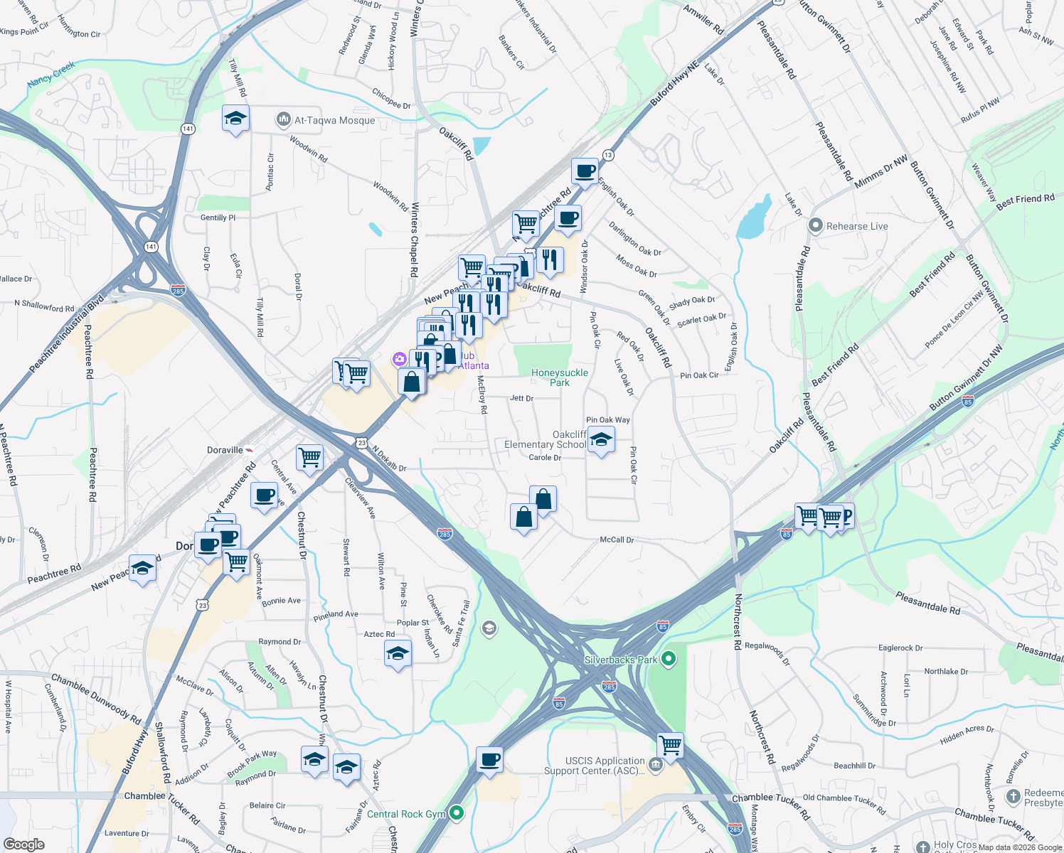 map of restaurants, bars, coffee shops, grocery stores, and more near 3824 Chatham Drive in Doraville
