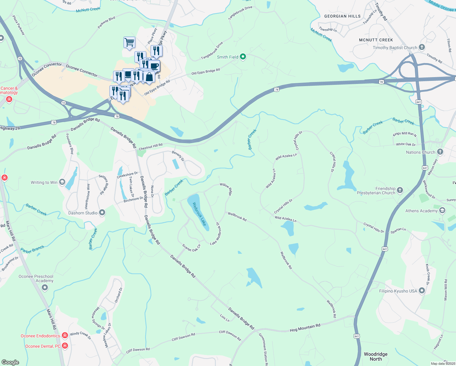 map of restaurants, bars, coffee shops, grocery stores, and more near 1101 Willow Ridge in Athens