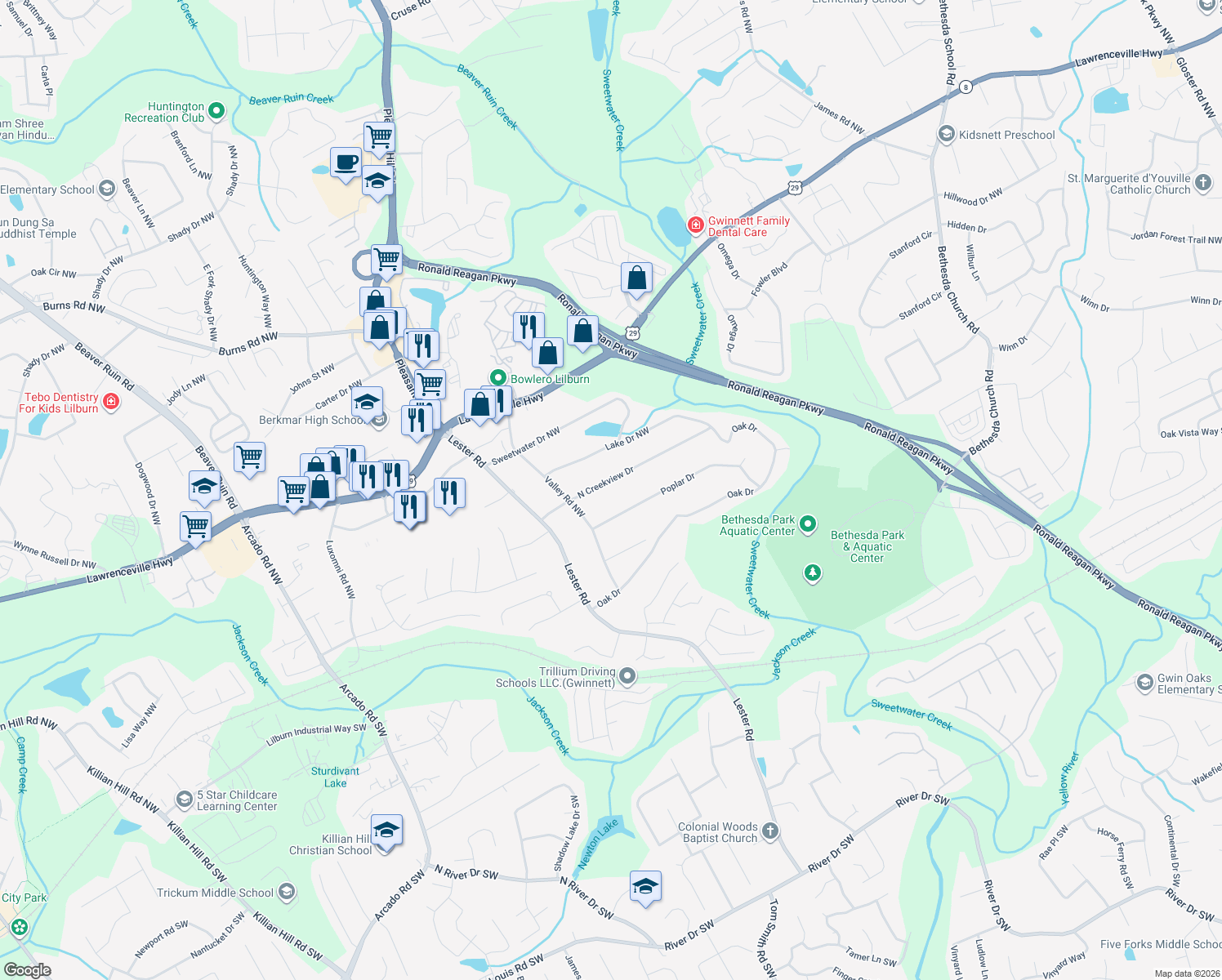 map of restaurants, bars, coffee shops, grocery stores, and more near 3424 N Creekview Dr in Lawrenceville