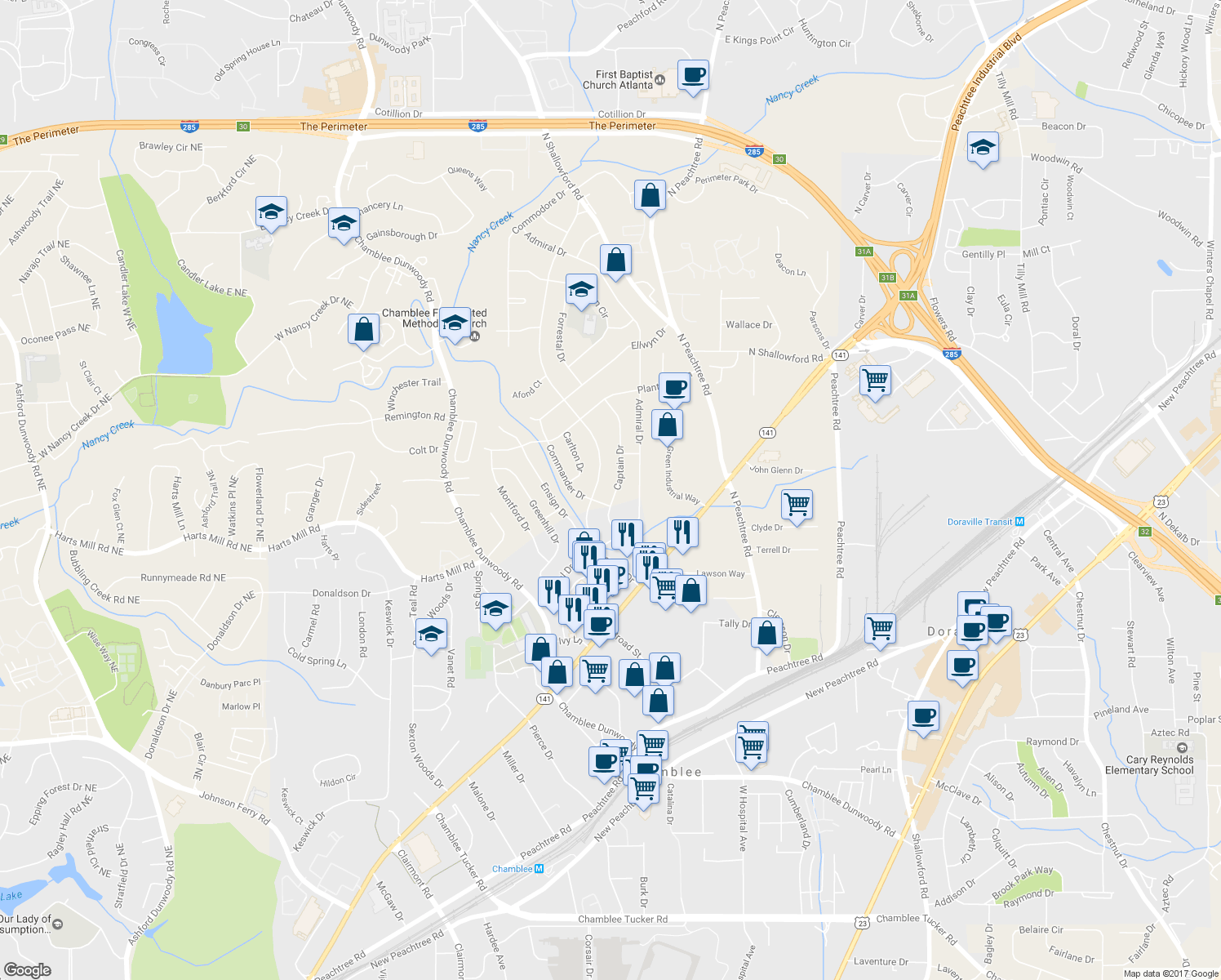 map of restaurants, bars, coffee shops, grocery stores, and more near 3820 Captain Drive in Chamblee