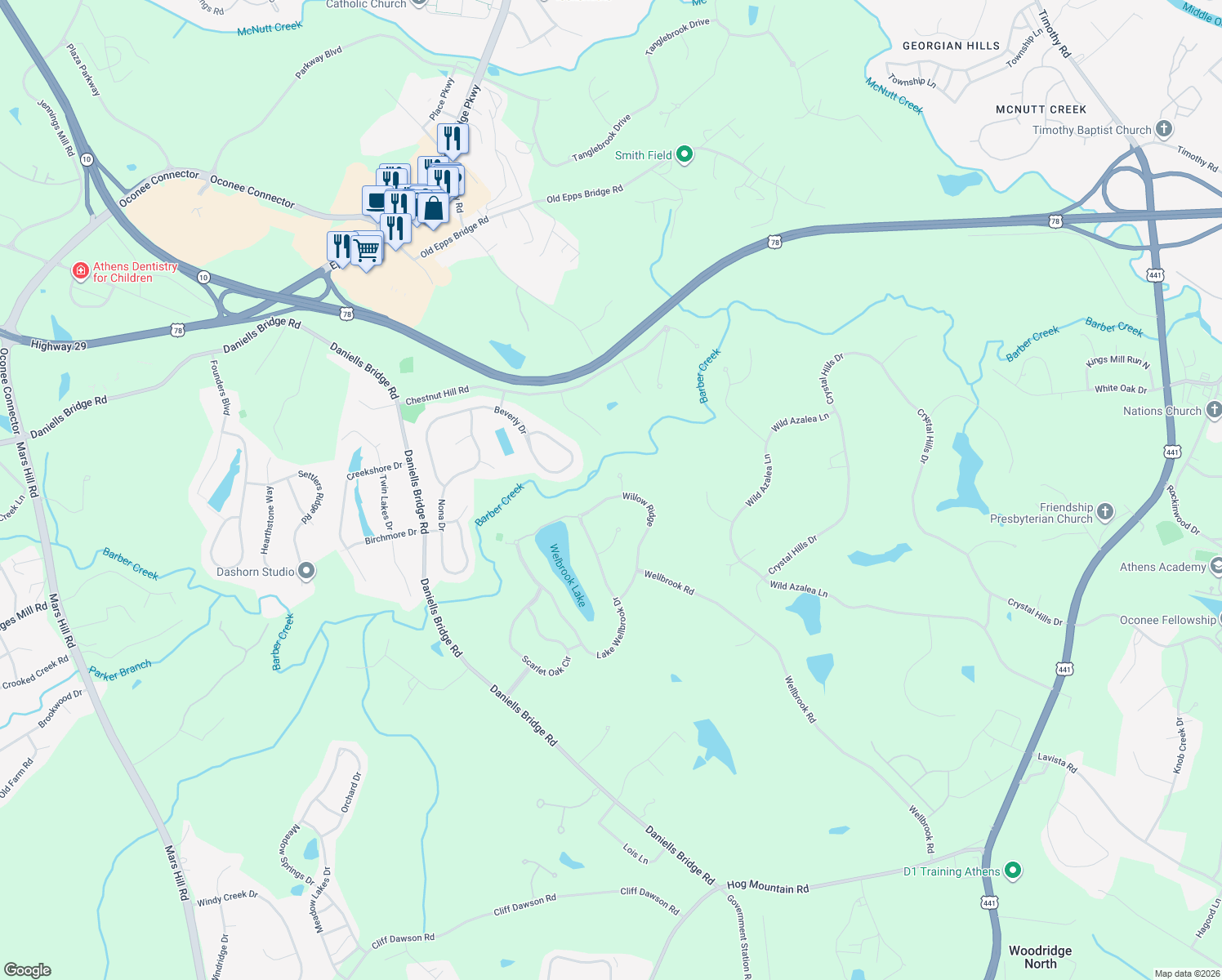 map of restaurants, bars, coffee shops, grocery stores, and more near 1011 Blue Beech Pointe in Athens
