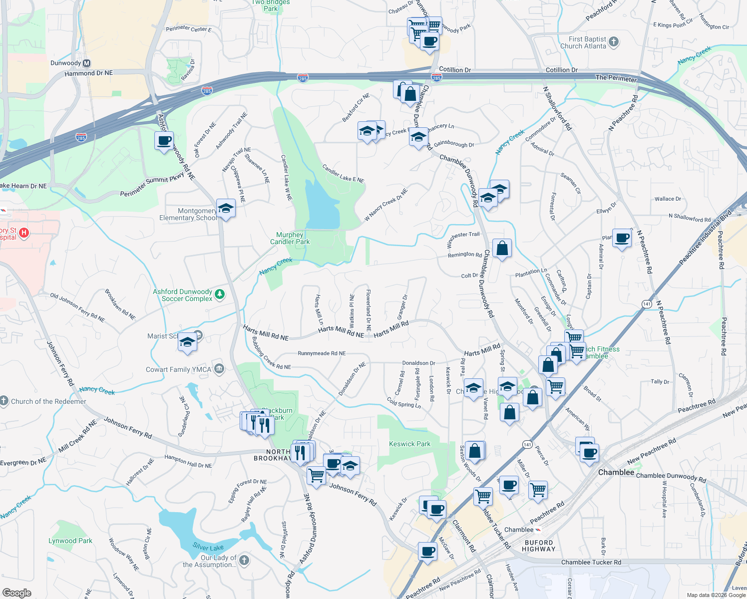 map of restaurants, bars, coffee shops, grocery stores, and more near 3888 Flowerland Dr NE in Atlanta