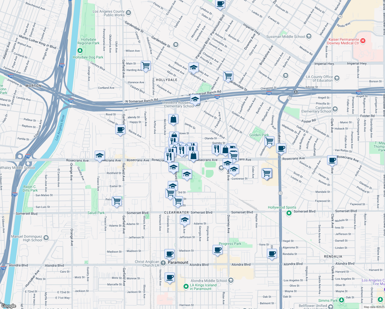 map of restaurants, bars, coffee shops, grocery stores, and more near 14134 Orizaba Avenue in Paramount