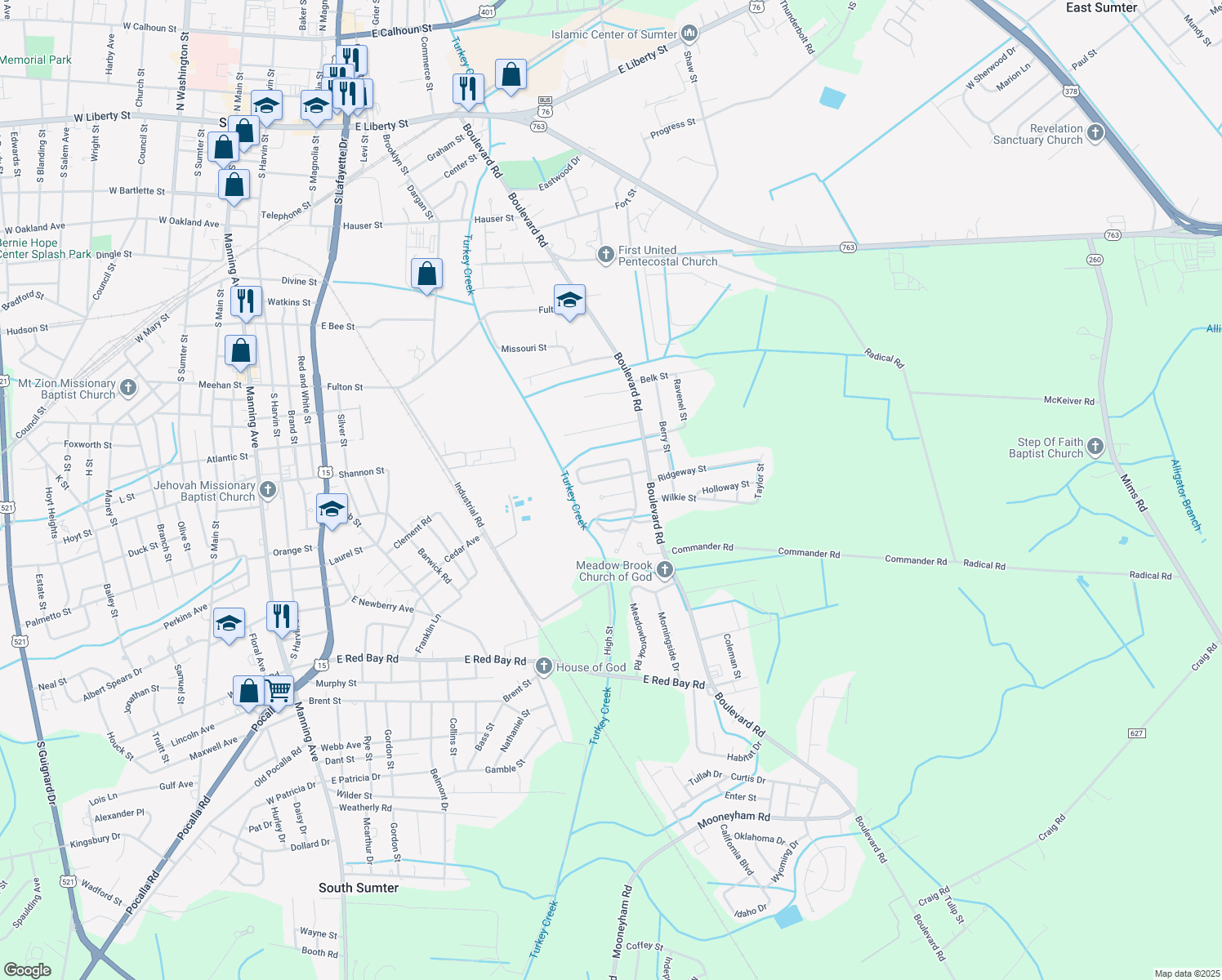 map of restaurants, bars, coffee shops, grocery stores, and more near 345 Stillwater Court in Sumter
