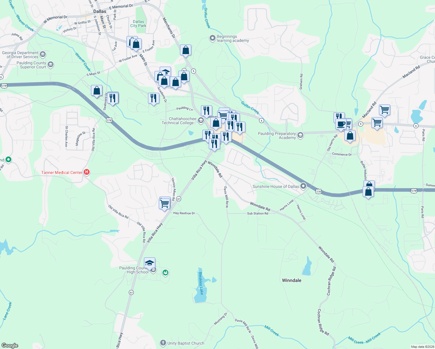 map of restaurants, bars, coffee shops, grocery stores, and more near 170 Winndale Road in Dallas