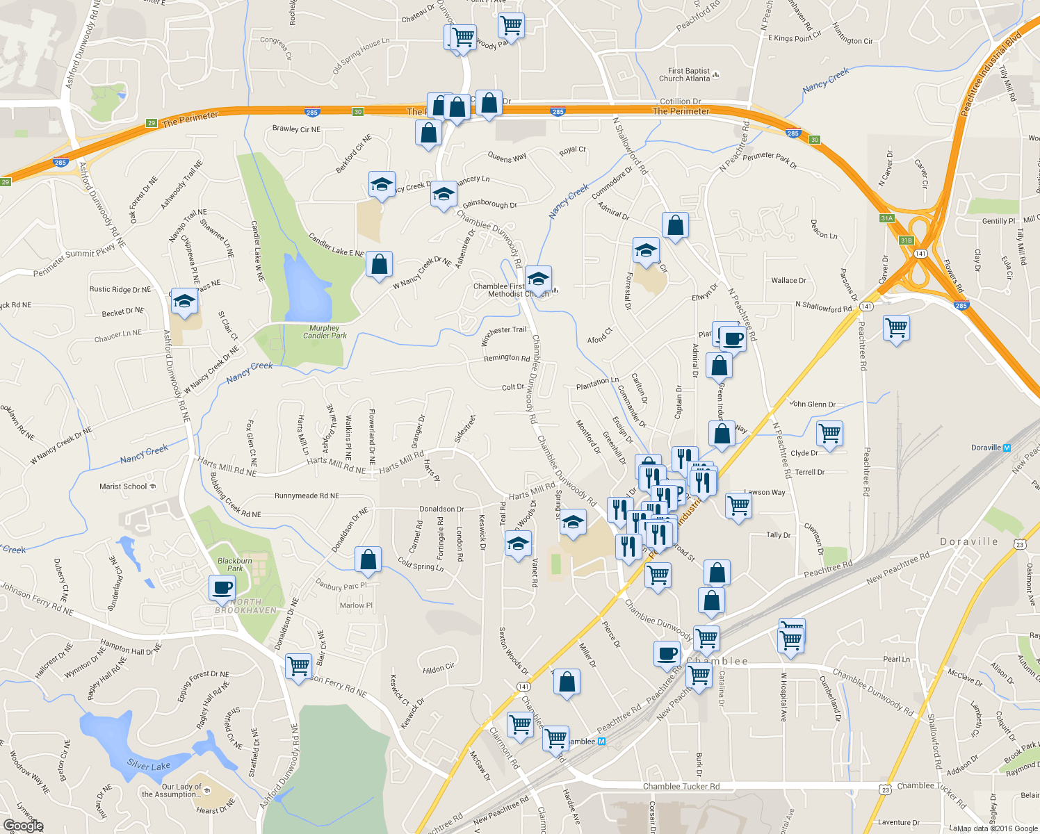 map of restaurants, bars, coffee shops, grocery stores, and more near 1887 Chamdun Place in Atlanta