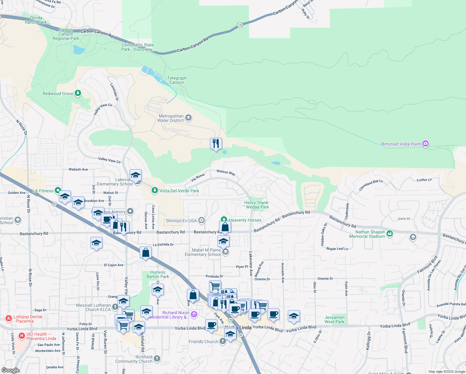 map of restaurants, bars, coffee shops, grocery stores, and more near 3927 Congressional Court in Yorba Linda
