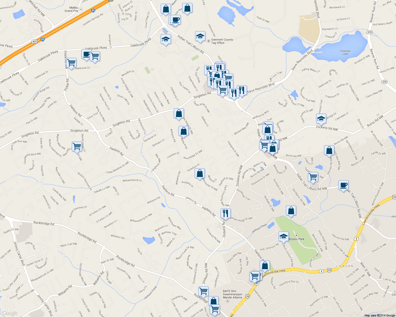 map of restaurants, bars, coffee shops, grocery stores, and more near 1073 Thrasher Court Northwest in Norcross
