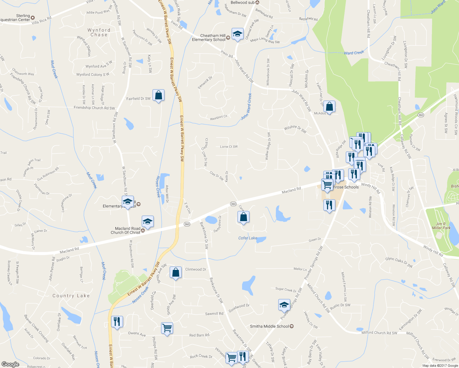 map of restaurants, bars, coffee shops, grocery stores, and more near 2011 Clay Drive Southwest in Marietta