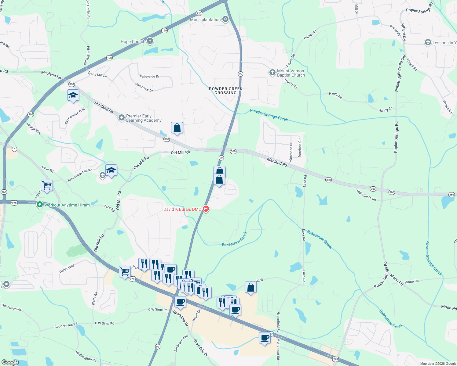 map of restaurants, bars, coffee shops, grocery stores, and more near 258 Darby's Crossing Court in Hiram