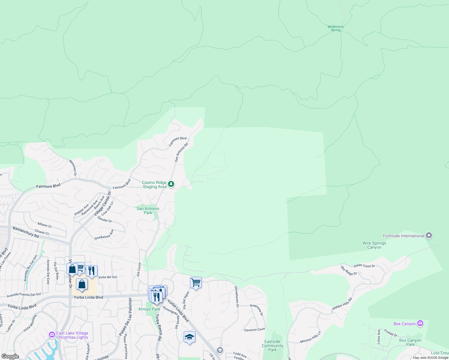 map of restaurants, bars, coffee shops, grocery stores, and more near 21562 Saddle Ridge Way in Yorba Linda